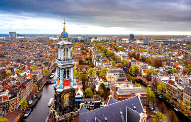 Aerial view of the central Amsterdam in the early spring, Netherlands