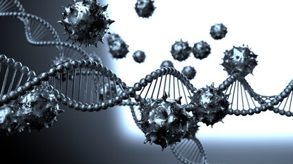 Scratched Metallic Virus, DNA, flu, view of a virus under a microscope, infectious disease under White-Black Background. 3D illustration. 3D high quality rendering. 3D CG.