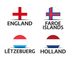 England, Faroe Islands, Luxembourg and Netherlands. Set of four English, Faroe Islands, Luxembourgish and Dutch stickers. Simple icons with flags isolated on a white background
