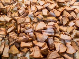 homemade charlotte cake in baking parchment. Prefabricated. close up