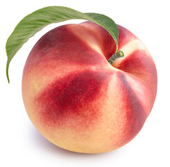 Peach fruit with leaf isolated on white background, Fresh Peach on White Background With clipping path, 