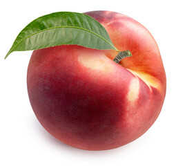 Peach fruit with leaf isolated on white background, Fresh Peach on White Background With clipping path, 
