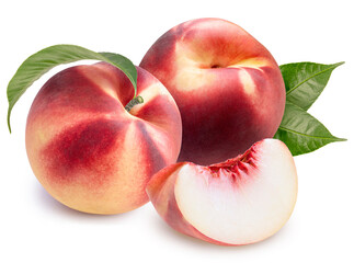 Peach fruit with leaf isolated on white background, Fresh Peach on White Background With clipping path, 