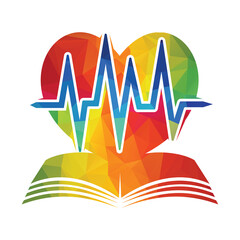 Study of Cardiology logo concept. Heartbeat combination with book.