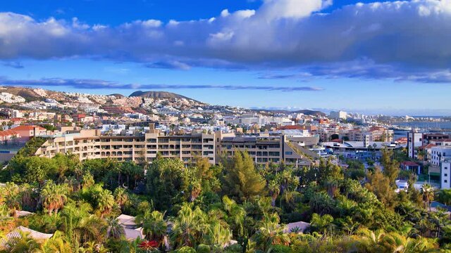 TENERIFE, CANARY ISLANDS, SPAIN - FEBRUARY 2021. 
Tourist area Las Americas. Gran Hotel Bahia del Duque Resort.
GF Gran costa Adeje. Centro Comercial Plaza del Duque. GF Victoria. 