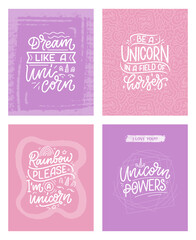 Set with funny hand drawn lettering quotes about unicorn. Cool phrases for print and poster design. Inspirational kids slogans. Greeting card template. Vector