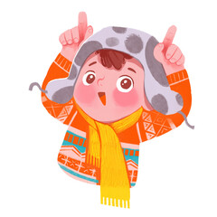 Little boy on cow moos. Cute chinese horoscope. Symbol of the Chinese New Year. Fun greeting card. Funny cartoon character. Isolated on white background. Hand-drawing Illustration