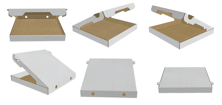 3D rendering - High resolution image six view of pizza box Isolated on a white background  high quality details