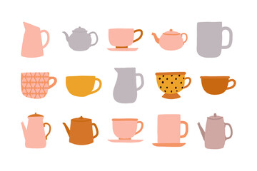 Hand drawn tea ceremony cute colorful vintage kettle teapot and cups or ceramic mugs with tea, coffee, milk doodle vector elements illustration set. Cute ceramic drinkware or glassware.