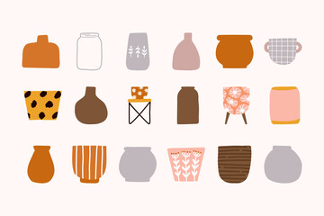 Bohemian ceramic garden flower pots containers porcelain vase jug jar antique pottery cups of different types boho modern scandinavian style. Hand drawn vector elements interior design illustration.