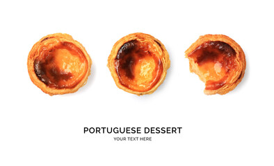 Creative layout made of Portuguese dessert. Flat lay. Food concept.