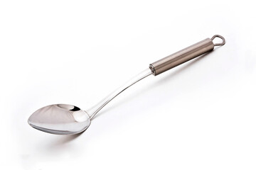 Kitchen spoon or metallic serving spoon, kitchen utensil isolated on white background with space for text