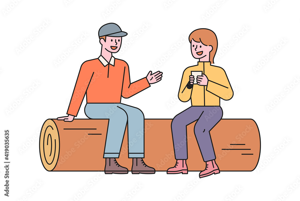 Poster a man and a woman are sitting on a log and talking while resting. flat design style minimal vector i