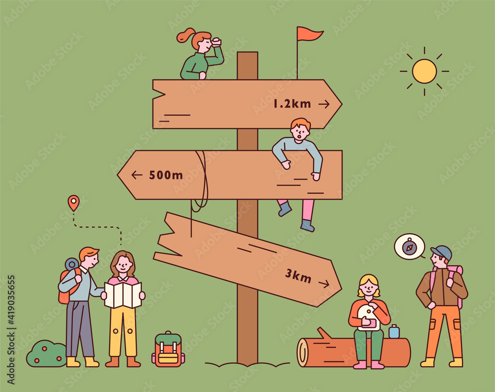 Poster a huge milestone with backpackers. people are finding their way around the signpost and taking a bre