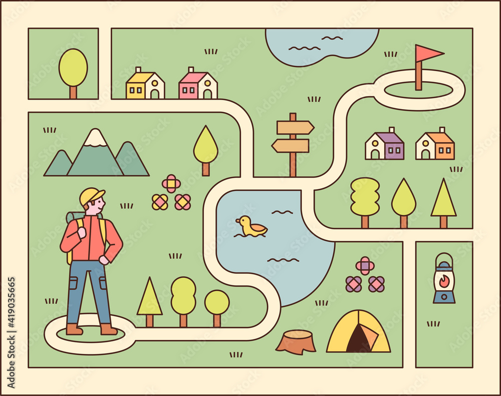 Poster directions game illustration. a man is standing on the map and looking for his target point. flat de