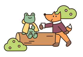 A frog and a fox are trekking through the woods. A frog and a fox are resting on a log. flat design style minimal vector illustration.