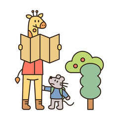 Giraffe and rat are trekking. The giraffe is looking at the map, and the mouse is short and invisible. flat design style minimal vector illustration.