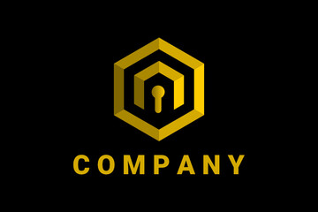 Hexagon flat vector logo for real estate, building construction and general business with home, keyhole and shields illustration in golden color dark background.