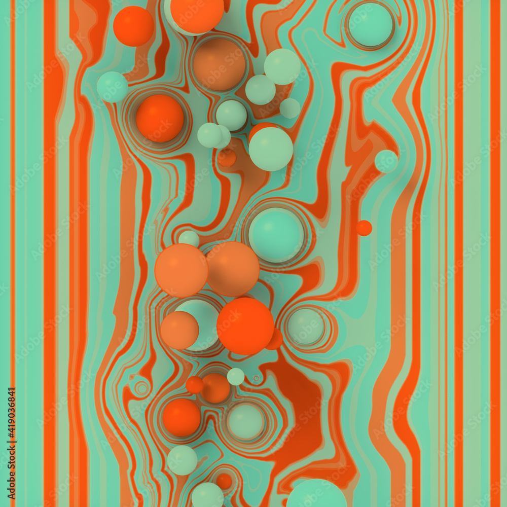 Aufkleber orange and green spherical shapes on distort striped background. design element. 3d rendering digita