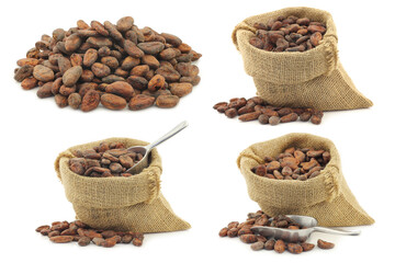 cocoa beans in a burlap bag on a white background