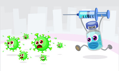 A cartoon cute vaccine bottle is chasing a bunch of corona viruses