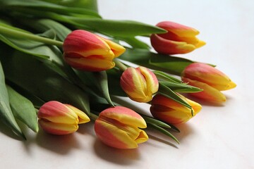 tulip bouquet, red and yellow tulips, cut flowers, spring tulip bouquet, beautiful plants, green leaves