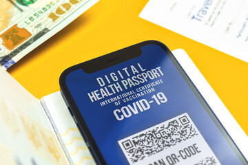 Health passport app in mobile phone, new international document for crossing borders