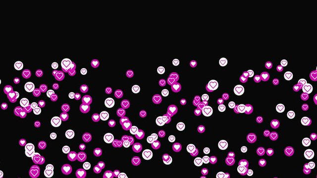 Small colorful contrasting circles with schematic images of hearts inside them flowing isolated on black background. Animation. Concept of romantic symbols and likes in internet communication.