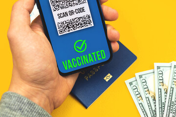 Valid digital vaccination in health passport mobile phone app, person allowed to travel