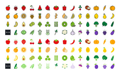 Set of vector linear flat color icons. Vegetables, fruits and berries. Contour, shape, outline isolated on white. Thin line. Modern design. Healthy food and vitamins