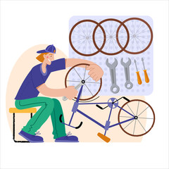 Bicycle repair. A man repairs a bicycle. The mechanic repairs the bicycle, the mechanic inflates the wheels. Web graphics, banners, advertisements, business templates.