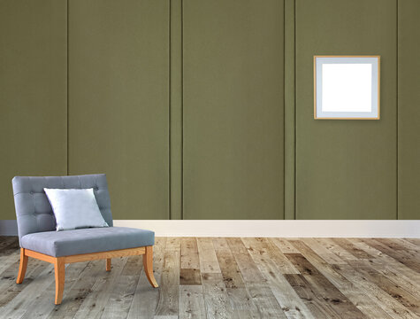 interior design with modern gray chair and bright empty space. 3D illustration