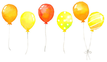 オレンジ・黄色のたくさんの風船　水彩画 © 中沢アサカ /Aasaka Y