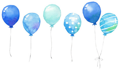 青・水色のたくさんの風船　水彩画 © 中沢アサカ /Aasaka Y