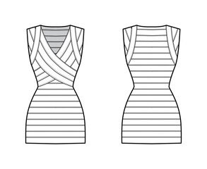Bandage dress technical fashion illustration with V-neck, sleeveless, fitted body, elasticated, mini length, pencil cut. Flat apparel template front, back, white color style. Women, unisex CAD mockup