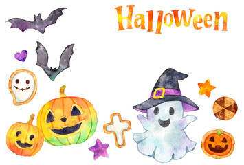 ハロウィンのフレーム　カボチャ　ゴースト　テキストあり　水彩