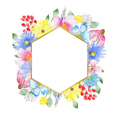 Flower frame. Wedding card. Invitation card. Design for a party. Watercolour composition.