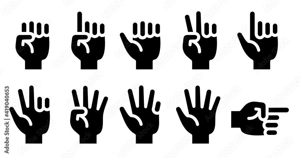 Poster finger counting one to five, hand gesture isolated on white background solid vector icon