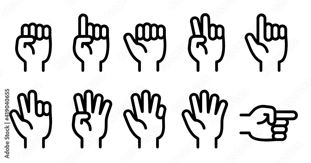 Poster finger counting one to five, hand gesture isolated on white background line vector icon