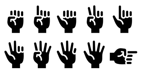 Finger counting one to five, hand gesture isolated on white background solid vector icon