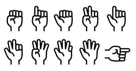 Finger counting one to five, hand gesture isolated on white background line vector icon