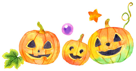 ハロウィンのカボチャ　横並び３つ　水彩