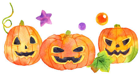 ハロウィンのカボチャ　横並び３つ　水彩