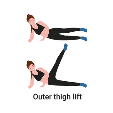 Booty Or Glutes Workout. Side Lying Leg Raise, Lateral Leg Lifts. Stay Home And Do Sport. Flat Vector Cartoon Modern Illustration.