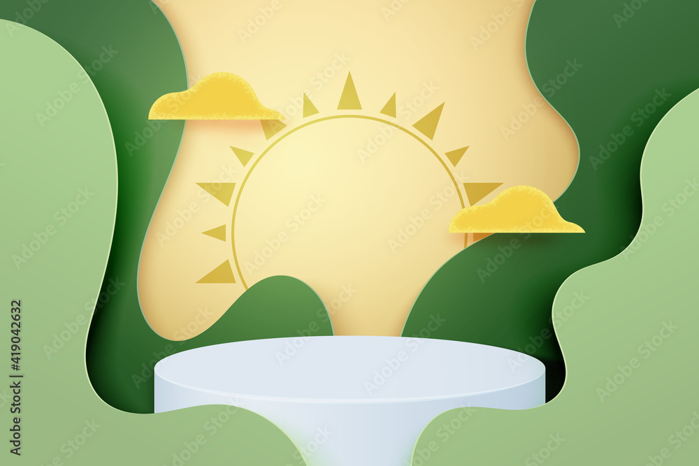 Poster 3d Paper cut abstract template background.White podium on green wavy geometrics shape with clouds and sun.