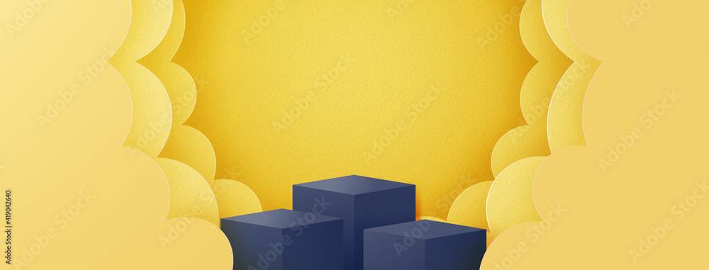Poster podium in abstract minimal scene with geometric shape of yellow clouds,product presentation backgrou