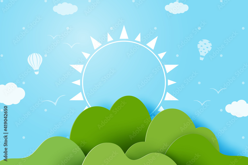 Poster 3d Paper art abstract template background.Green wavy mountains geometrics shape with clouds and sun.