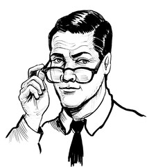 Young male looking over the glasses. Ink black and white drawing