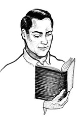 Young man reading a book. Ink black and white drawing