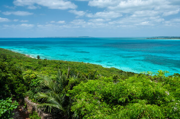Impressive scenery with crystal clear ocean, very green seaside plant seen from Ryugu castle observatory in Kurimajima.